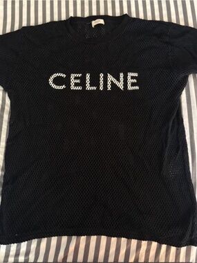 Celine Black Mesh Logo Tee with White Lettering